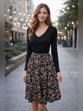 Emery Rose Womens Long Sleeve Dress Size Small Floral Knee Length Modest Spring